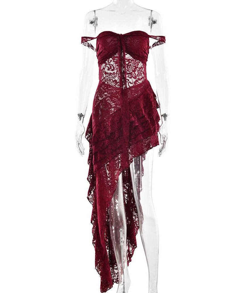 Bewitching Black Lace Off-Shoulder High-Low Party Dress - Fall & Holiday Statement