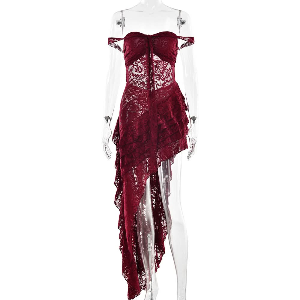 Bewitching Black Lace Off-Shoulder High-Low Party Dress - Fall & Holiday Statement