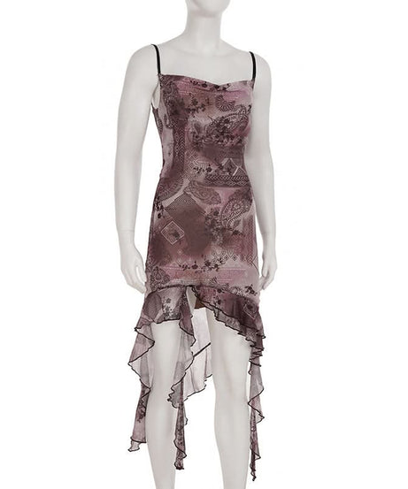 Mystic Bloom Mesh Ruffle Midi Dress | Asymmetrical Hem Cami Slip for Fall