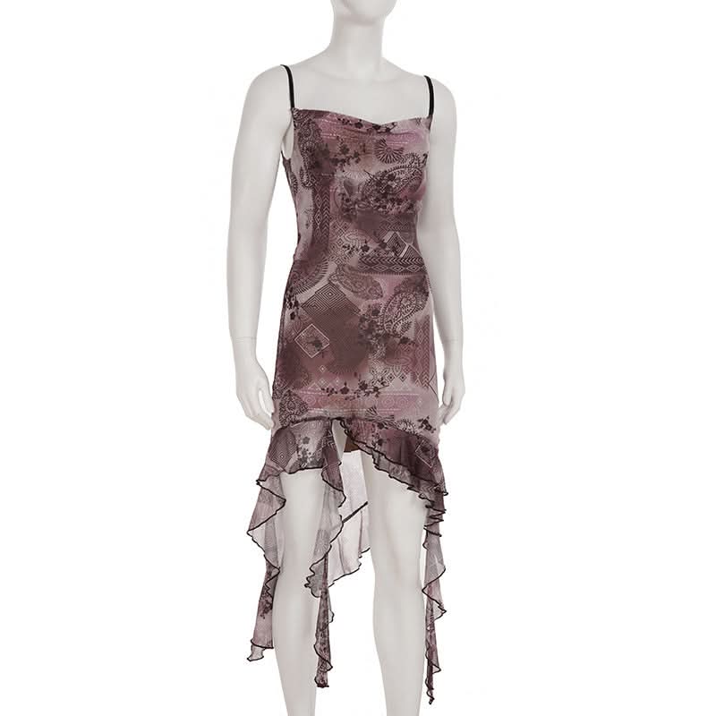 Mystic Bloom Mesh Ruffle Midi Dress | Asymmetrical Hem Cami Slip for Fall