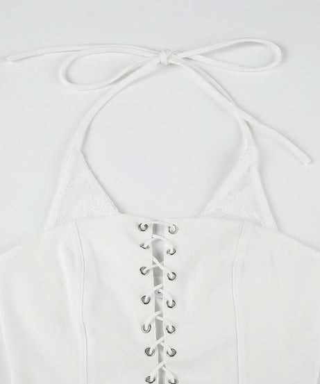 Chic White Lace-Up Halter Top - Trendy Corset Style for Fall & Halloween