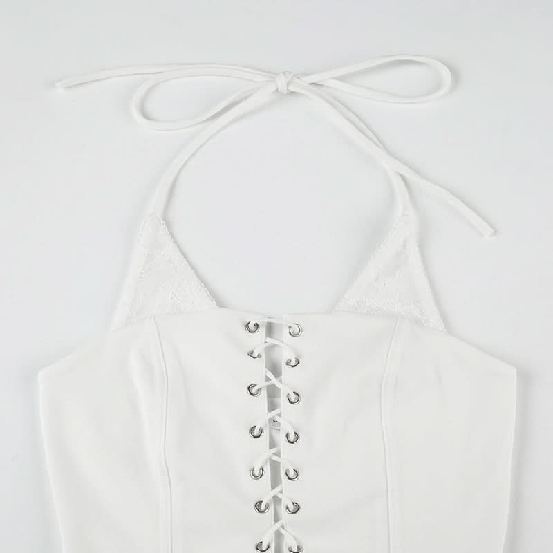 Chic White Lace-Up Halter Top - Trendy Corset Style for Fall & Halloween