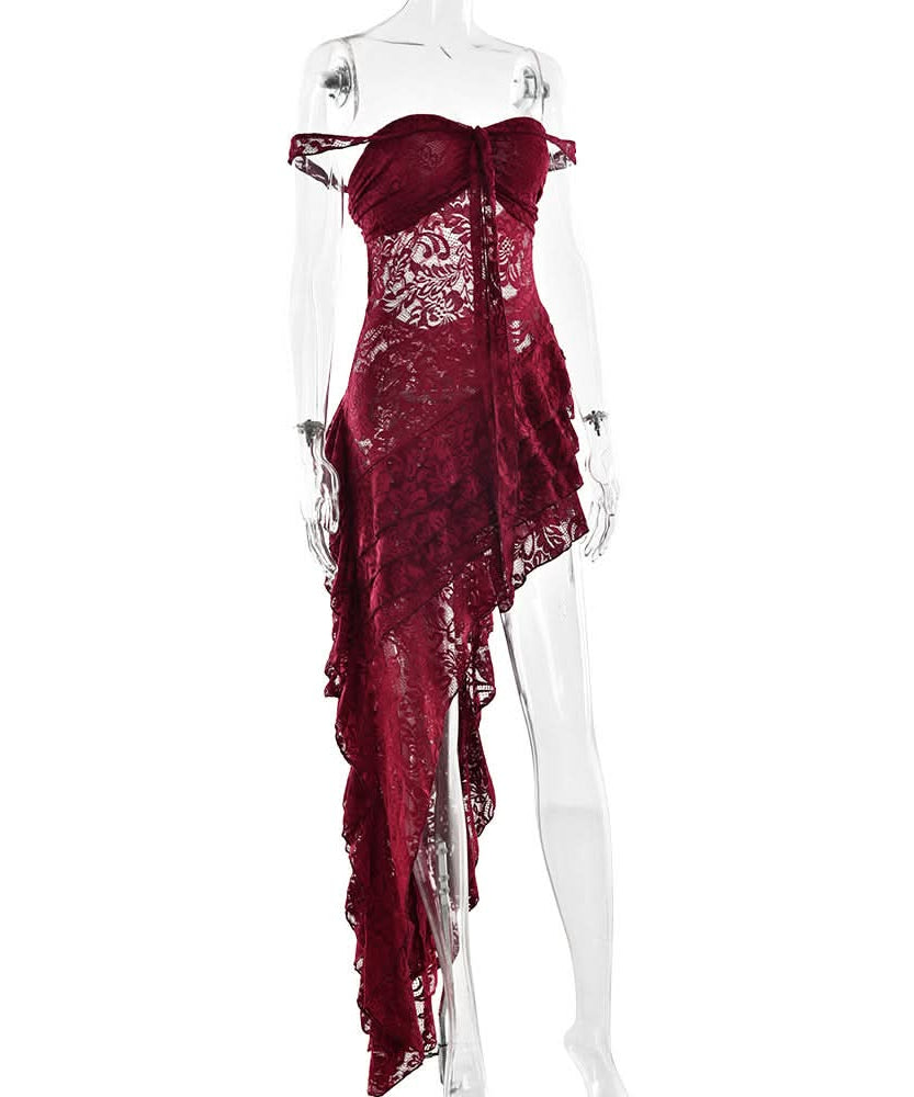 Bewitching Black Lace Off-Shoulder High-Low Party Dress - Fall & Holiday Statement