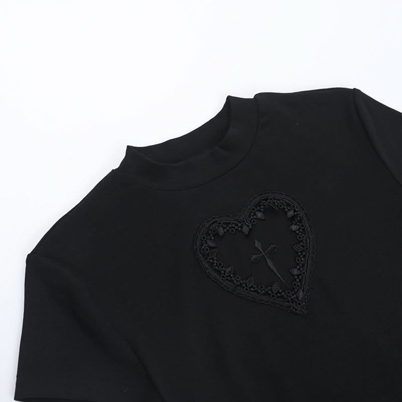 Hauntingly Chic Gothic Heart Cross Mock Neck Top - Perfect for Fall & Halloween Alt Style