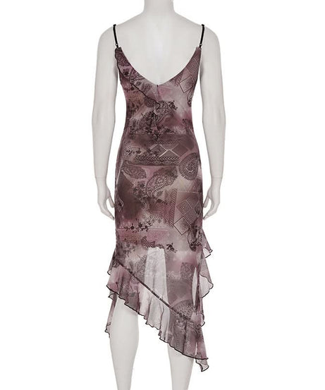 Mystic Bloom Mesh Ruffle Midi Dress | Asymmetrical Hem Cami Slip for Fall