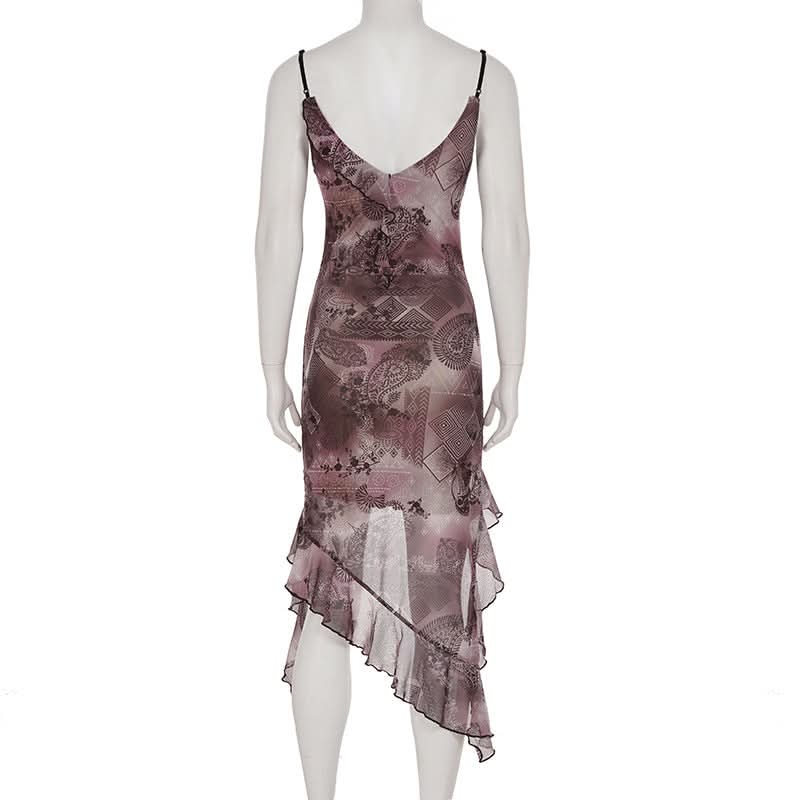 Mystic Bloom Mesh Ruffle Midi Dress | Asymmetrical Hem Cami Slip for Fall