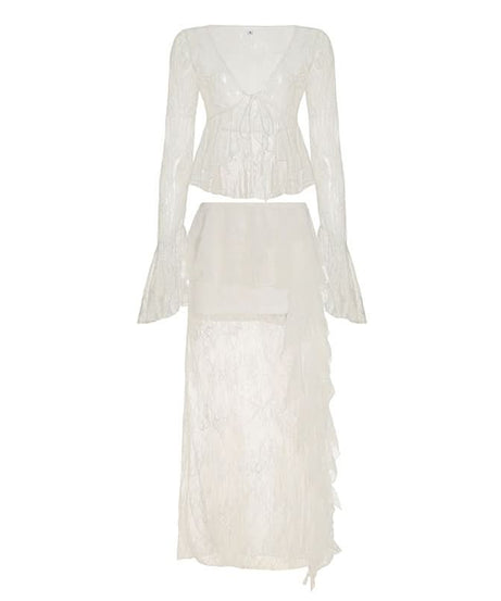 Ethereal Lace Two-Piece Set: Bell Sleeve Tie-Front Top & Ruffle Maxi Skirt – Perfect for Fall Getaways & Bridal Chic