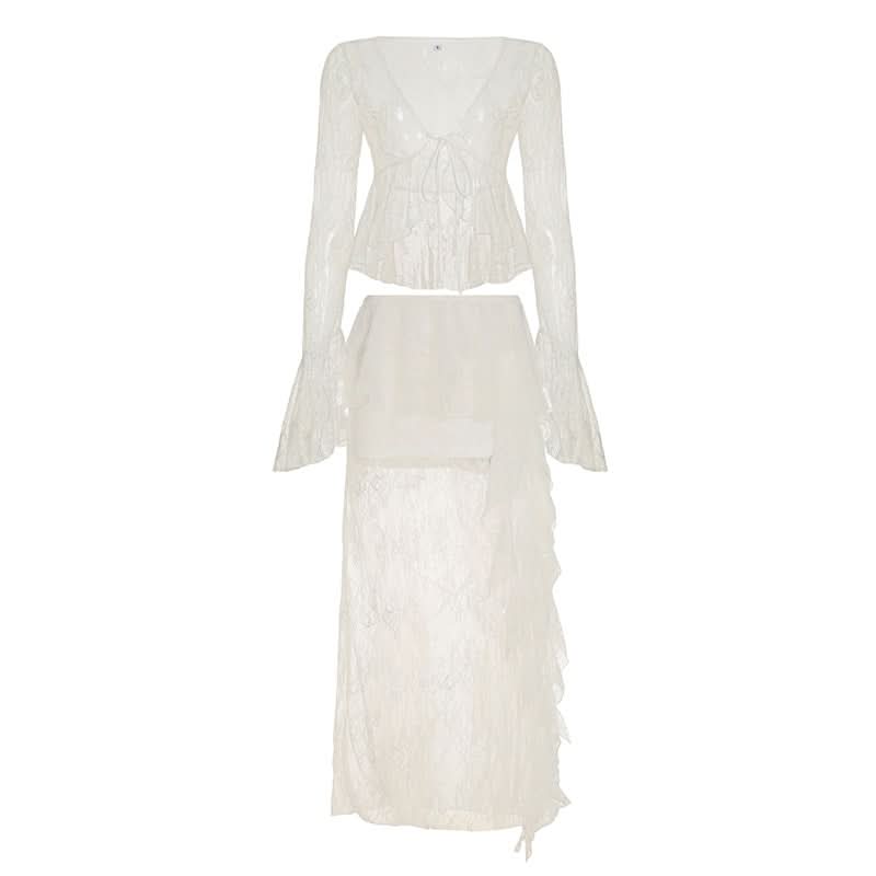 Ethereal Lace Two-Piece Set: Bell Sleeve Tie-Front Top & Ruffle Maxi Skirt – Perfect for Fall Getaways & Bridal Chic