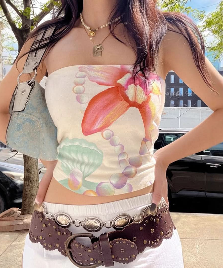Vibrant Y2K Floral & Pearl Tube Top – Your Chic Resort & Getaway Essential