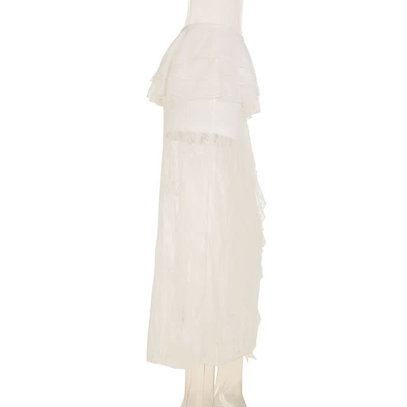 Ethereal Lace Two-Piece Set: Bell Sleeve Tie-Front Top & Ruffle Maxi Skirt – Perfect for Fall Getaways & Bridal Chic