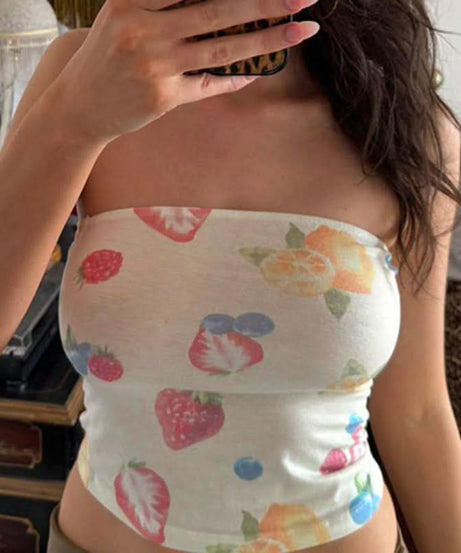 Whimsical Fruit Print Strapless Tube Top - Y2K Crop Top for Fall Style & Tropical Escapes