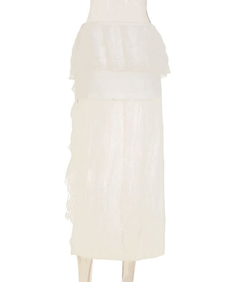 Ethereal Lace Two-Piece Set: Bell Sleeve Tie-Front Top & Ruffle Maxi Skirt – Perfect for Fall Getaways & Bridal Chic