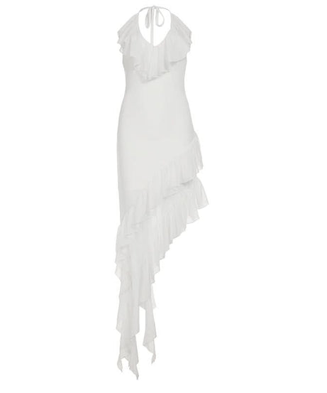 Glam White Ruffle Halter Maxi Dress - Perfect for Holiday Parties & Resort Getaways