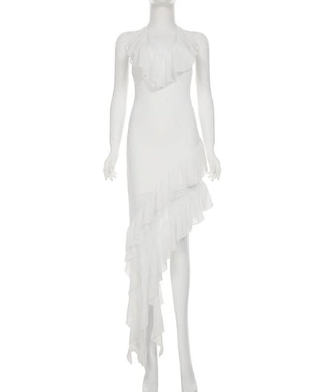 Glam White Ruffle Halter Maxi Dress - Perfect for Holiday Parties & Resort Getaways