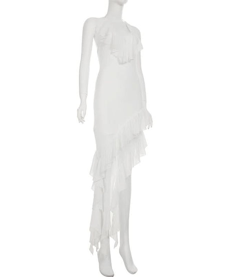 Glam White Ruffle Halter Maxi Dress - Perfect for Holiday Parties & Resort Getaways