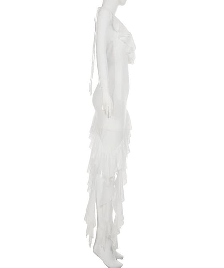 Glam White Ruffle Halter Maxi Dress - Perfect for Holiday Parties & Resort Getaways