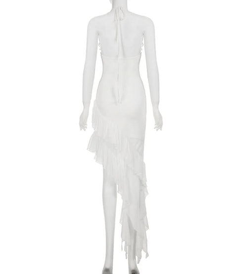 Glam White Ruffle Halter Maxi Dress - Perfect for Holiday Parties & Resort Getaways