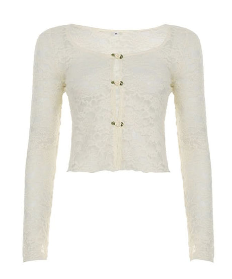 Romantic Floral Lace Long Sleeve Crop Top | Delicate Button-Front Elegance for Fall
