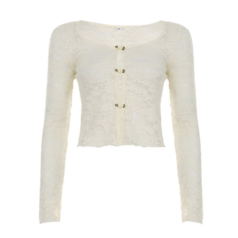 Romantic Floral Lace Long Sleeve Crop Top | Delicate Button-Front Elegance for Fall
