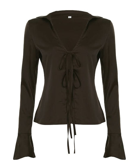 Espresso Chic: Tie-Front Bell Sleeve V-Neck Top | Effortless Fall Fashion