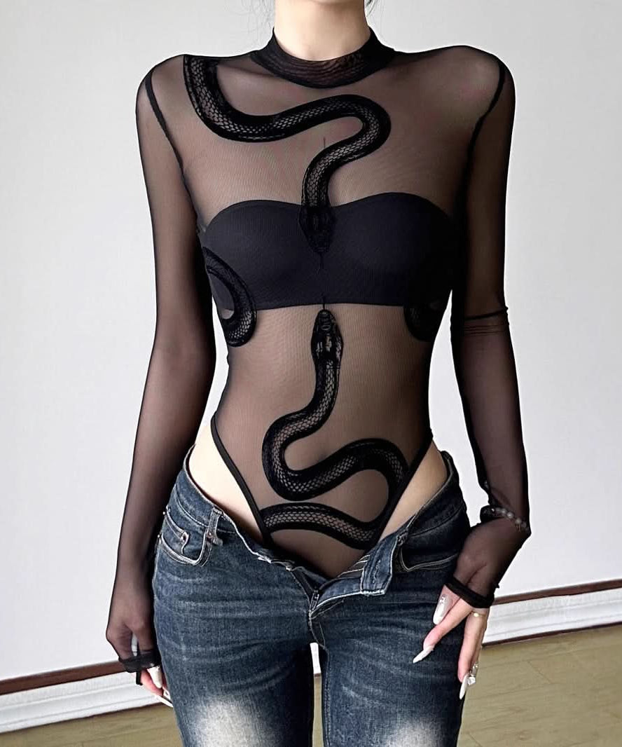 Mystic Serpent Mesh Bodysuit - Sheer Long Sleeve for Fall Nights & Halloween