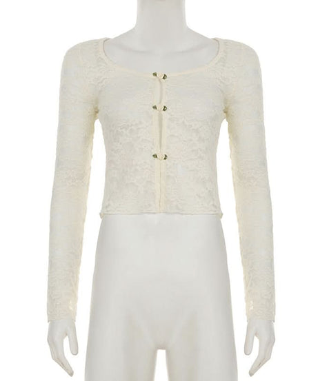 Romantic Floral Lace Long Sleeve Crop Top | Delicate Button-Front Elegance for Fall