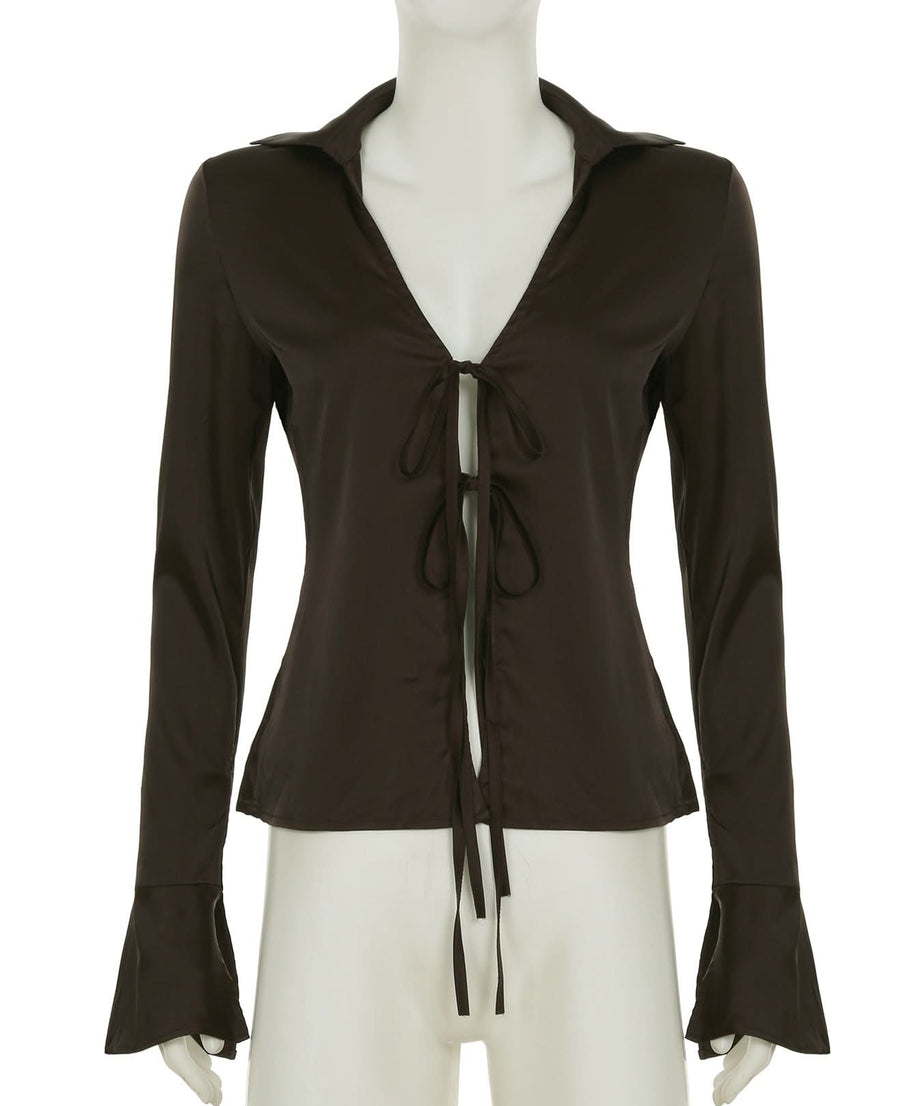 Espresso Chic: Tie-Front Bell Sleeve V-Neck Top | Effortless Fall Fashion