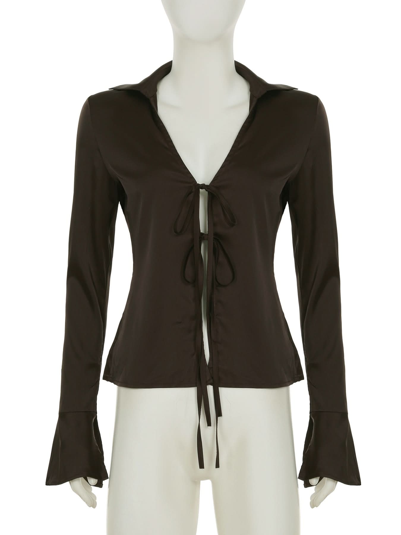 Espresso Chic: Tie-Front Bell Sleeve V-Neck Top | Effortless Fall Fashion