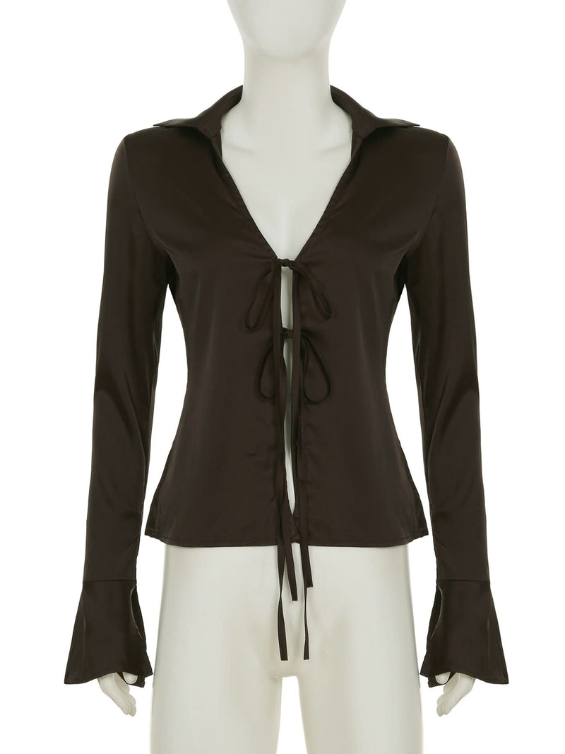 Espresso Chic: Tie-Front Bell Sleeve V-Neck Top | Effortless Fall Fashion