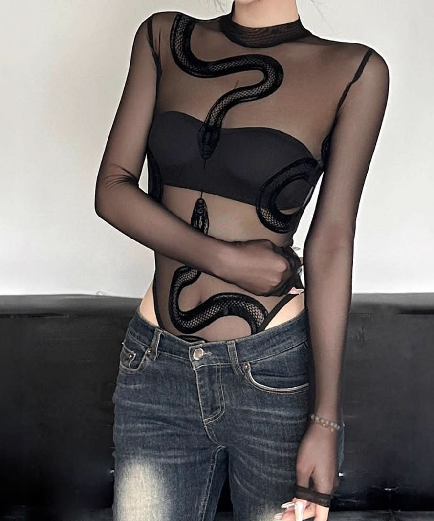 Mystic Serpent Mesh Bodysuit - Sheer Long Sleeve for Fall Nights & Halloween