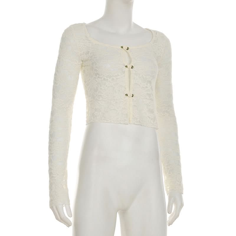 Romantic Floral Lace Long Sleeve Crop Top | Delicate Button-Front Elegance for Fall