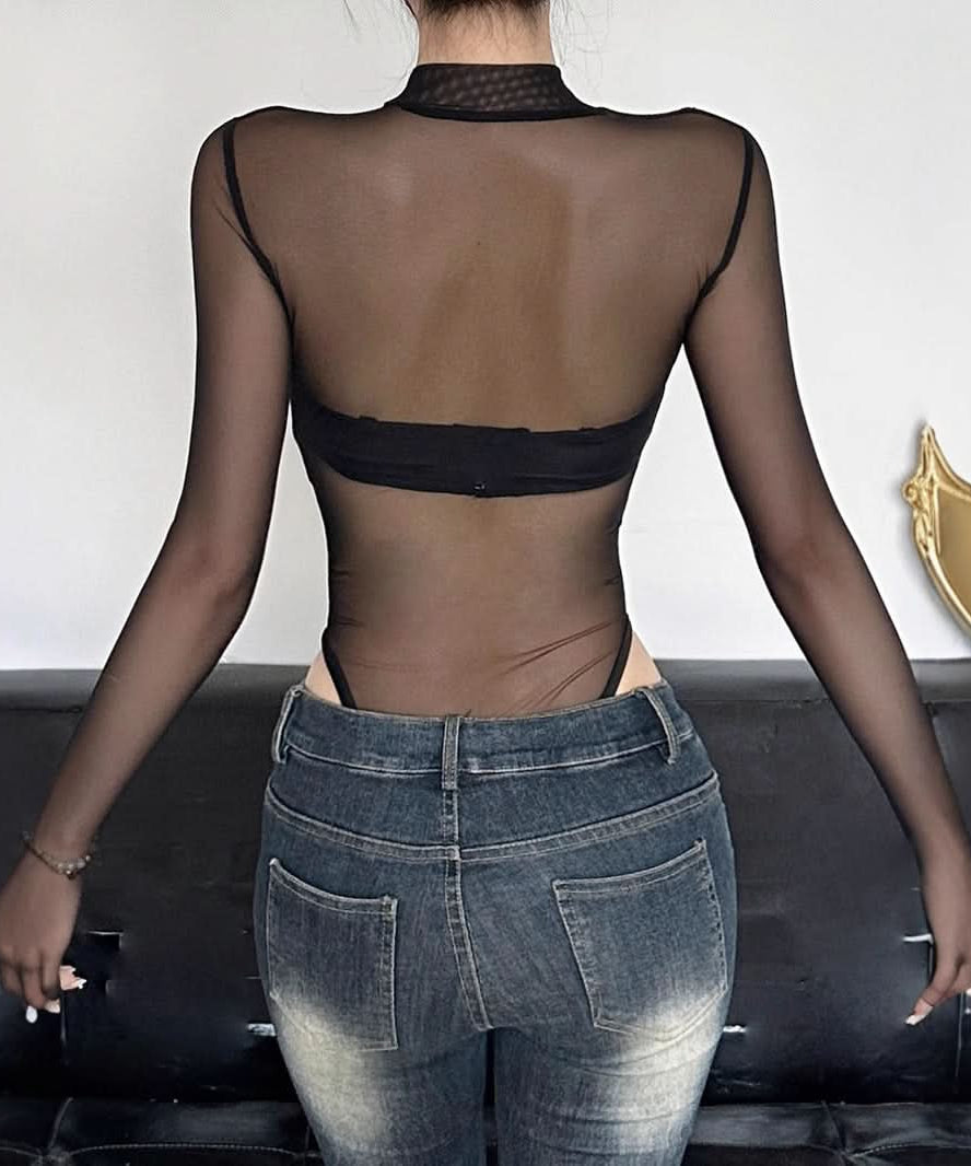 Mystic Serpent Mesh Bodysuit - Sheer Long Sleeve for Fall Nights & Halloween