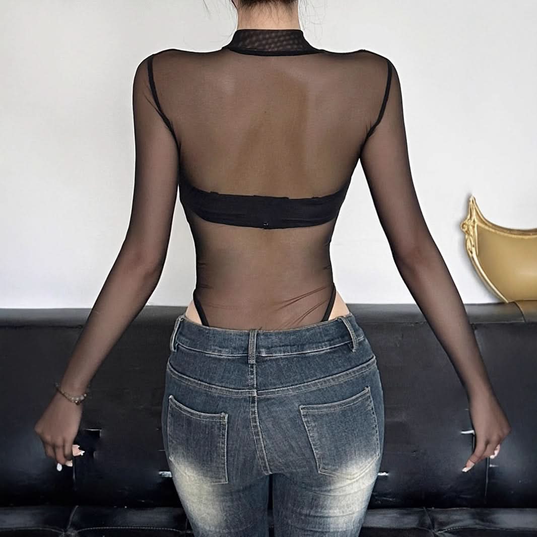 Mystic Serpent Mesh Bodysuit - Sheer Long Sleeve for Fall Nights & Halloween