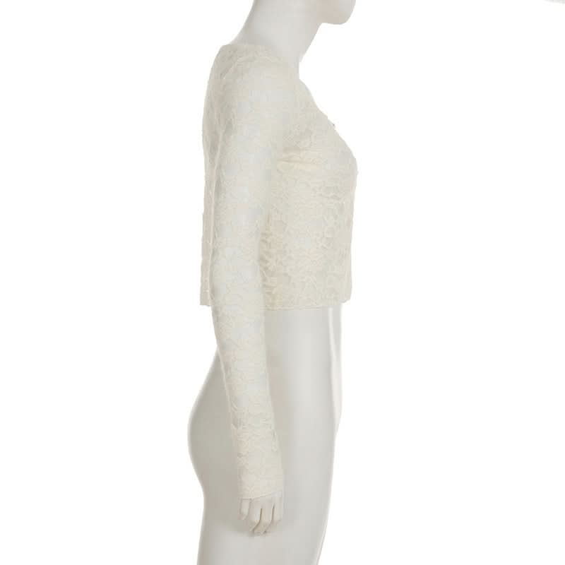 Romantic Floral Lace Long Sleeve Crop Top | Delicate Button-Front Elegance for Fall