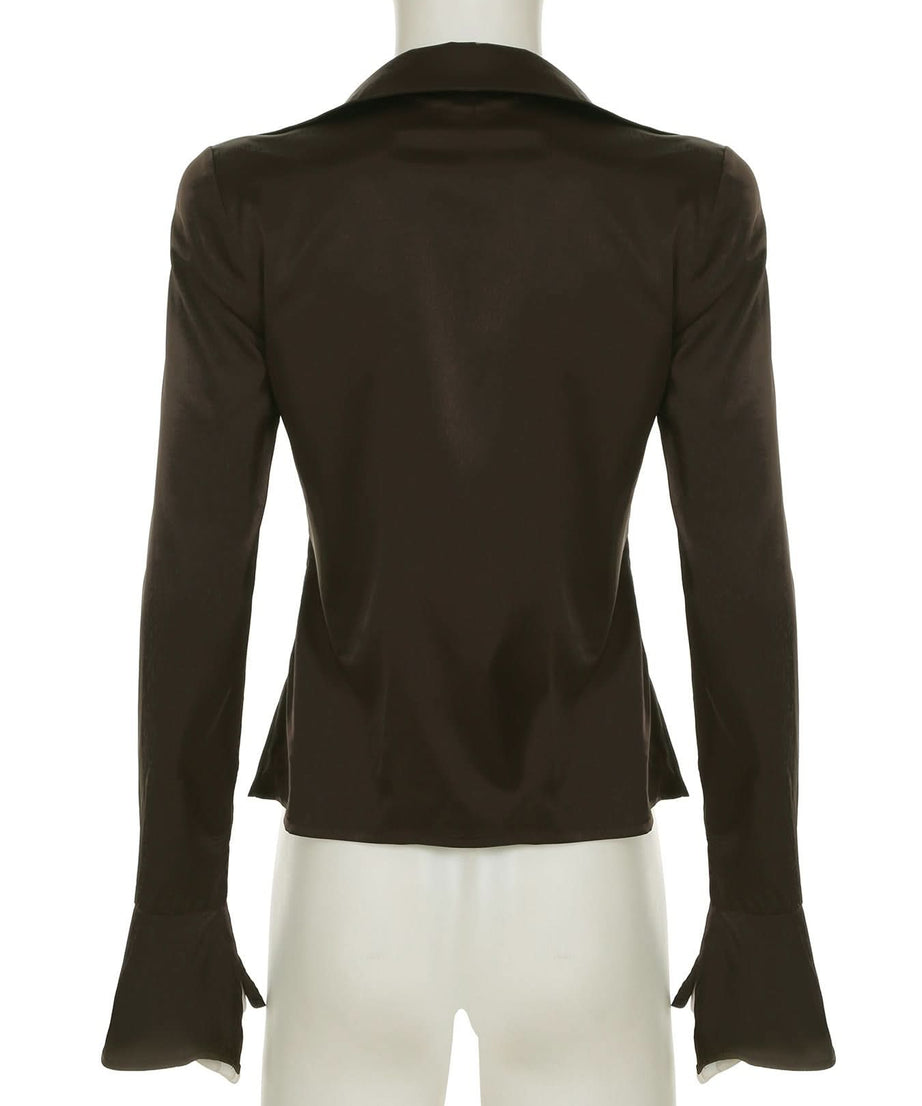 Espresso Chic: Tie-Front Bell Sleeve V-Neck Top | Effortless Fall Fashion