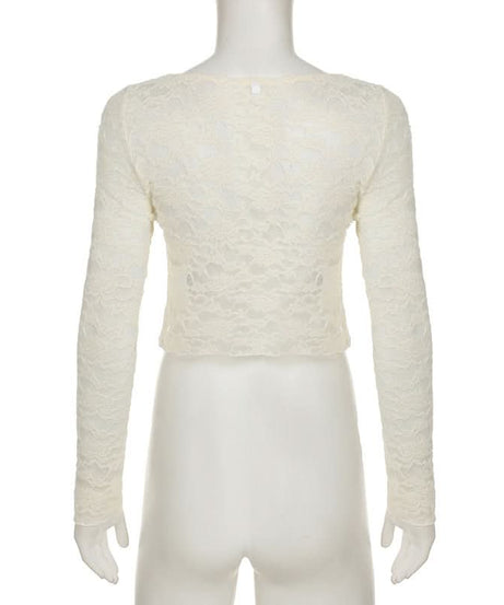 Romantic Floral Lace Long Sleeve Crop Top | Delicate Button-Front Elegance for Fall