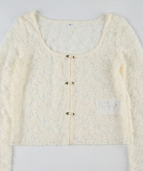 Romantic Floral Lace Long Sleeve Crop Top | Delicate Button-Front Elegance for Fall