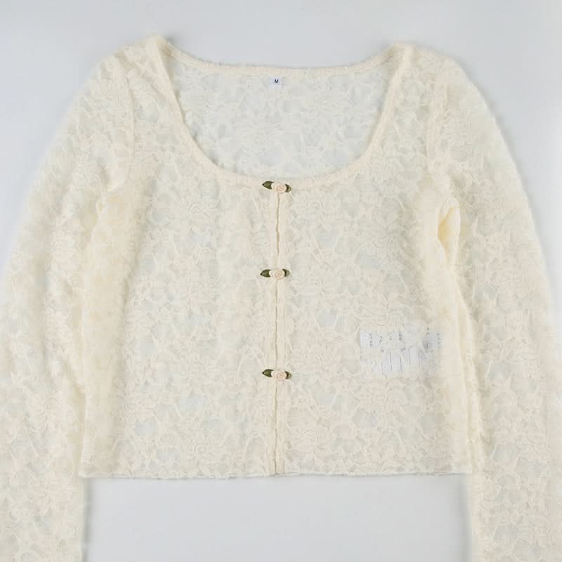Romantic Floral Lace Long Sleeve Crop Top | Delicate Button-Front Elegance for Fall