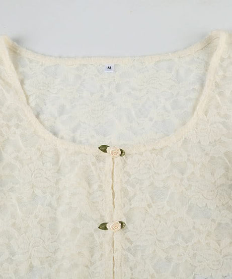Romantic Floral Lace Long Sleeve Crop Top | Delicate Button-Front Elegance for Fall