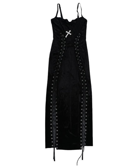 Gothic Velvet Lace-Up Cross Maxi Dress - Edgy Fall & Halloween Party Gown
