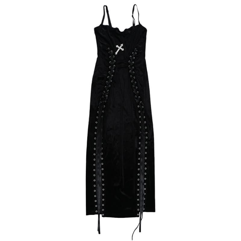 Gothic Velvet Lace-Up Cross Maxi Dress - Edgy Fall & Halloween Party Gown