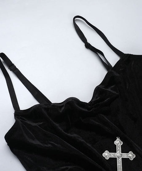 Gothic Velvet Lace-Up Cross Maxi Dress - Edgy Fall & Halloween Party Gown