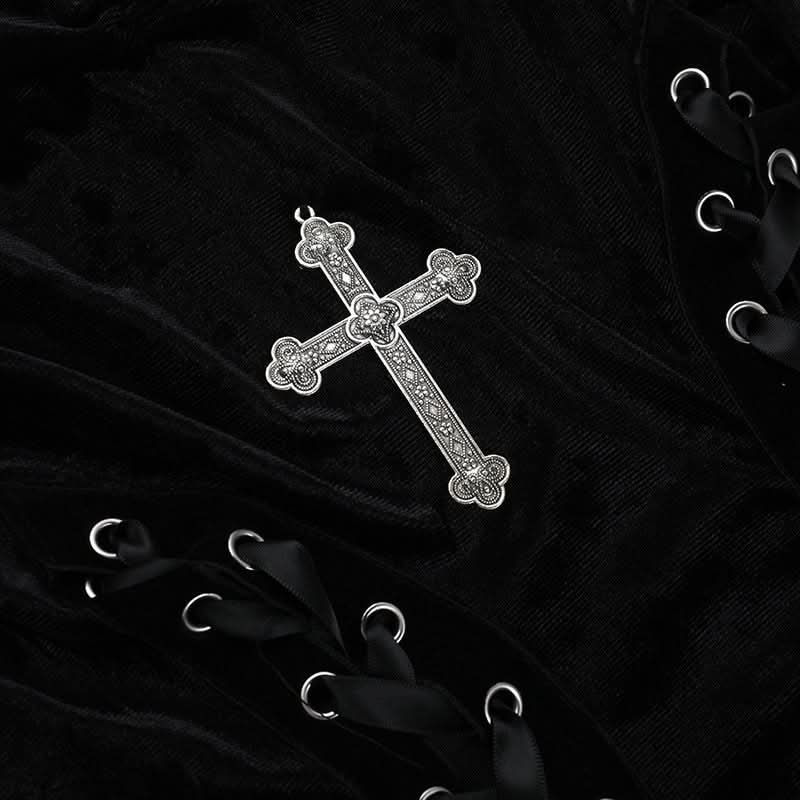 Gothic Velvet Lace-Up Cross Maxi Dress - Edgy Fall & Halloween Party Gown