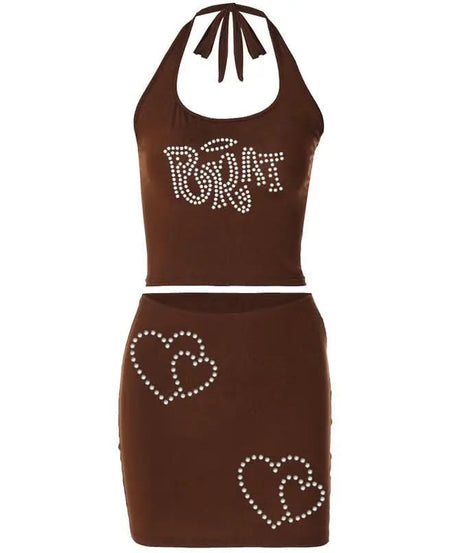 Rhinestone Skeleton Hand Bandeau Top & Star Mini Skirt Set - Y2K Halloween Party Outfit