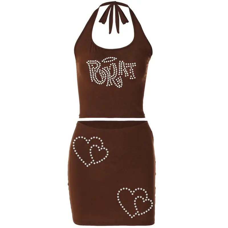 Rhinestone Skeleton Hand Bandeau Top & Star Mini Skirt Set - Y2K Halloween Party Outfit