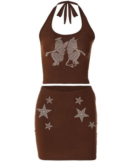 Rhinestone Skeleton Hand Bandeau Top & Star Mini Skirt Set - Y2K Halloween Party Outfit