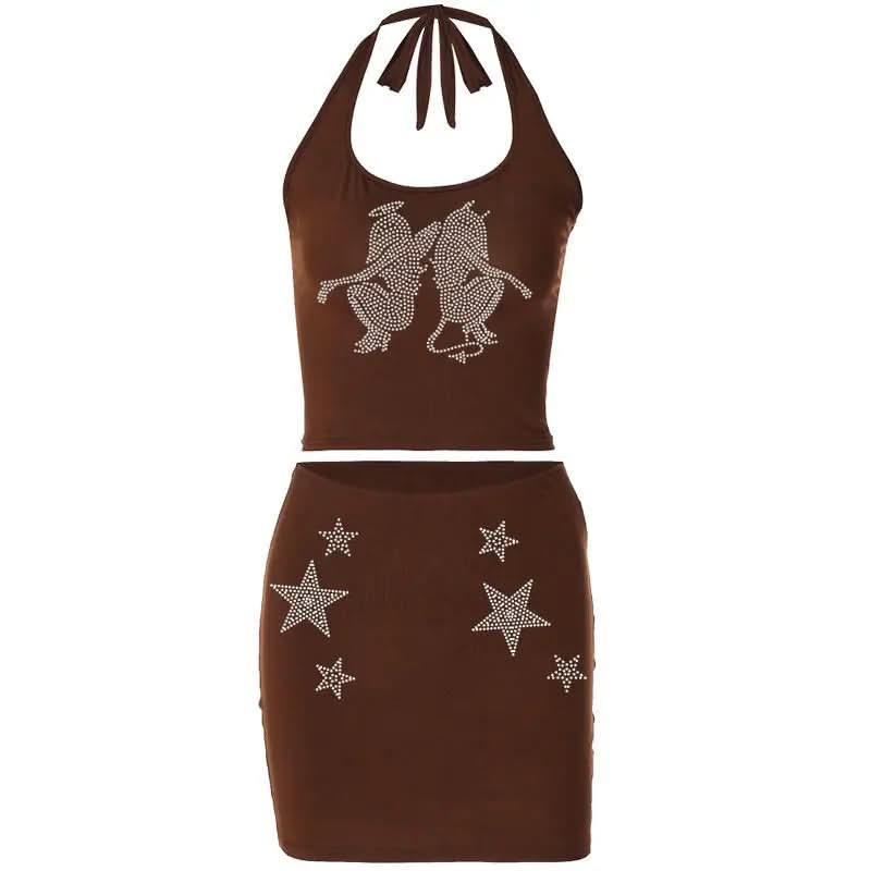 Rhinestone Skeleton Hand Bandeau Top & Star Mini Skirt Set - Y2K Halloween Party Outfit