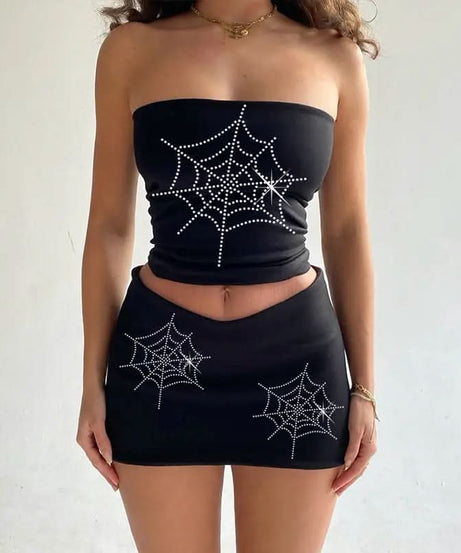 Rhinestone Skeleton Hand Bandeau Top & Star Mini Skirt Set - Y2K Halloween Party Outfit
