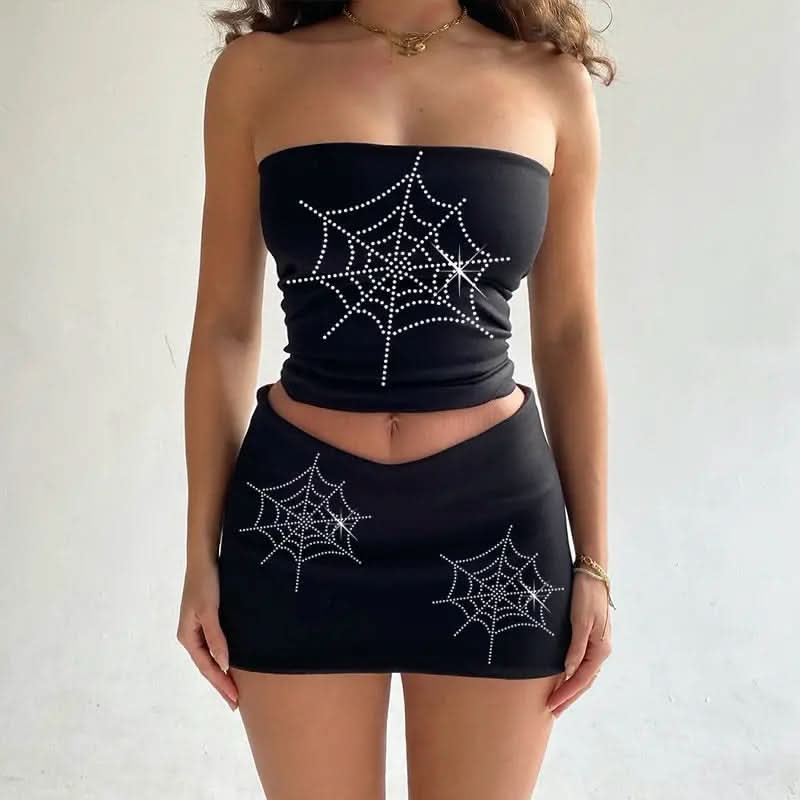 Rhinestone Skeleton Hand Bandeau Top & Star Mini Skirt Set - Y2K Halloween Party Outfit