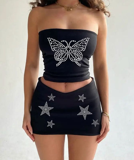 Rhinestone Skeleton Hand Bandeau Top & Star Mini Skirt Set - Y2K Halloween Party Outfit
